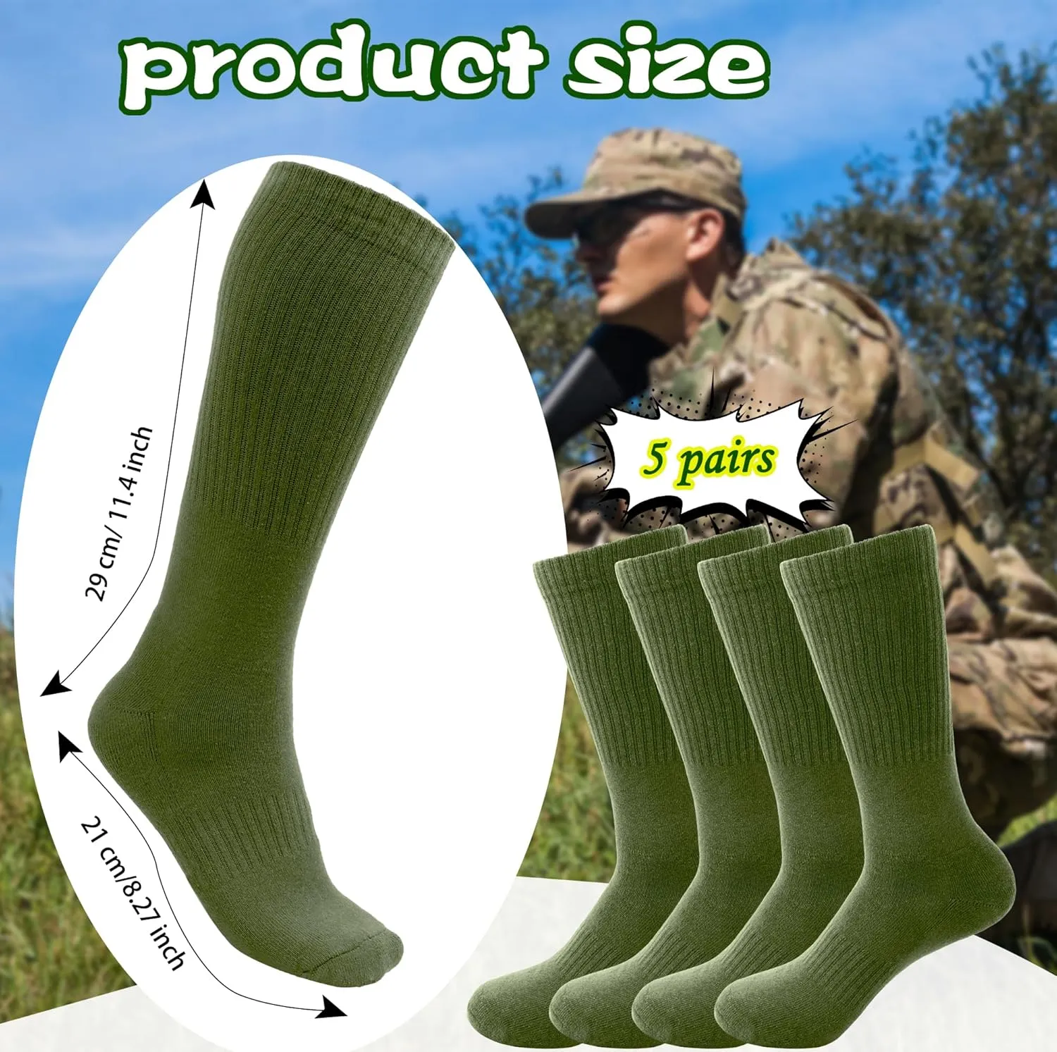 5 Pairs Military Green Socks Army Crew Sock Military Boot Socks for Men Women Working Outdoor