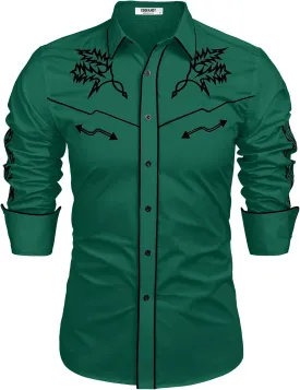 COOFANDY Men's Western Cowboy Shirt Long Sleeve Embroidered Shirt Slim Fit Cotton Casual Button Down Shirt