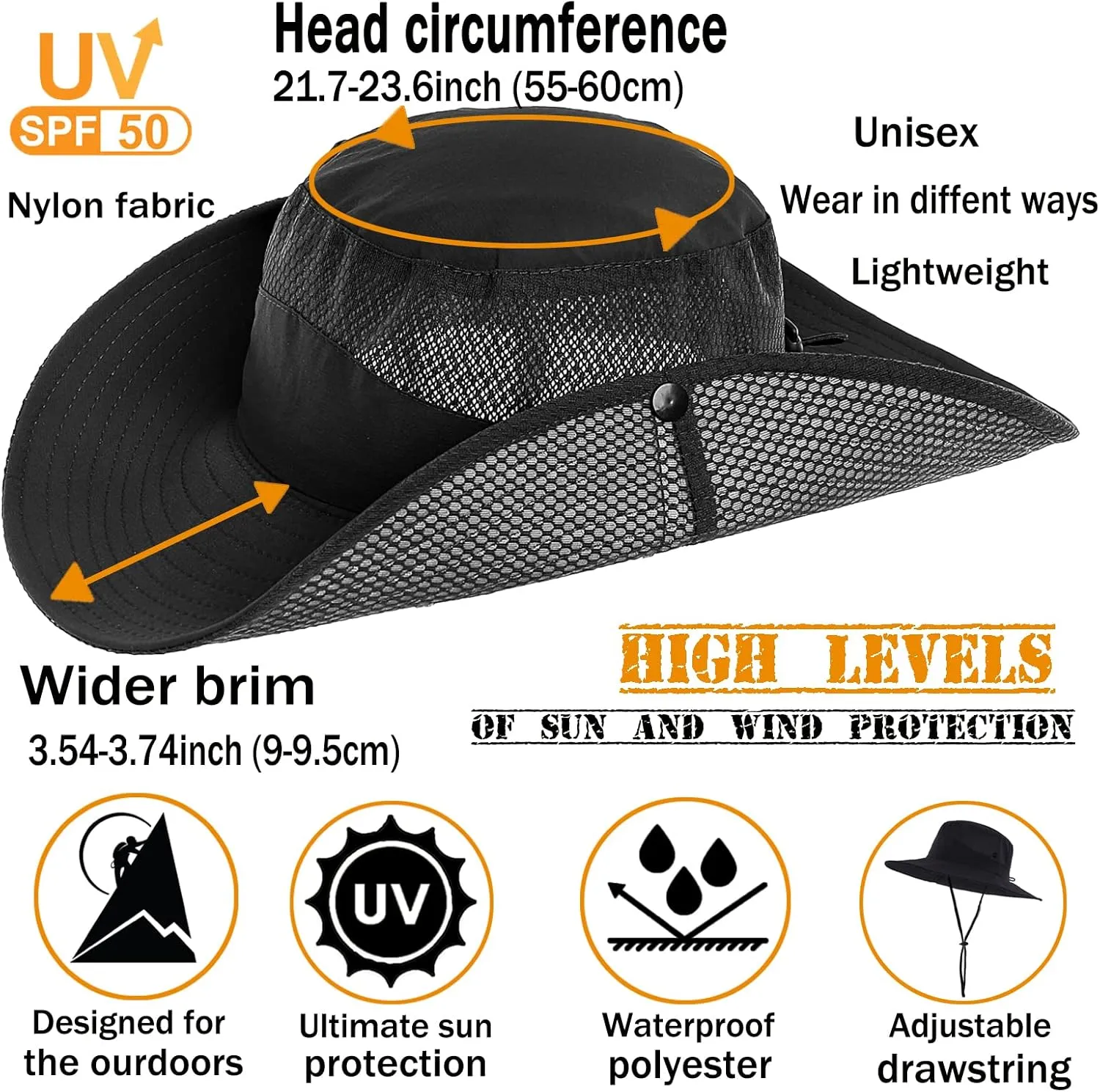 Sun Hat for Men/Women, Wide Brim UV Protection Bucket hat, Waterproof Mens Boonie Hat for Fishing Hiking Garden Beach