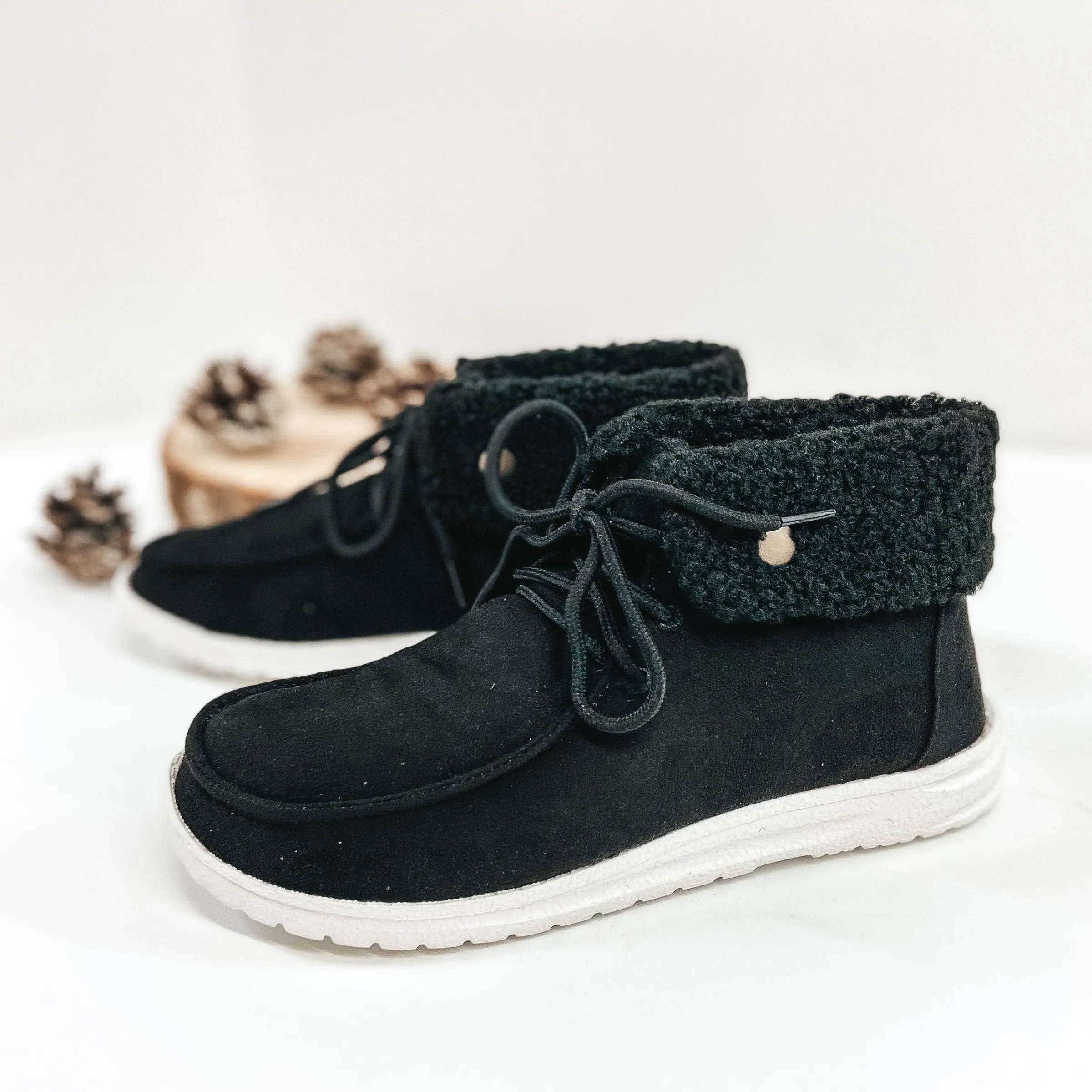 Very G | Have To Run High Top Slip On Loafers with Laces and Sherpa Lining in Black